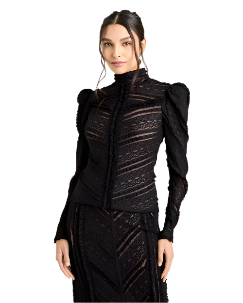 Person wearing a black lace outfit with long sleeves, high neckline, and intricate patterns.