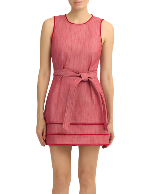 Model wearing a sleeveless red dress on a  white background