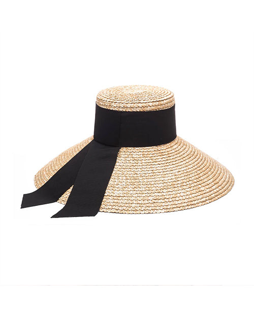 Side view of a beige straw hat with a black ribbon on a white background
