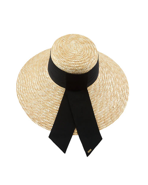 Beige straw hat with a black ribbon on a white background
