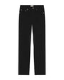 Pair of black straight-leg jeans featuring two front pockets, two back pockets, and a small coin pocket on the right side. Silver rivets accent the front pockets, and a button is visible at the waistband along with a small white label at the center."