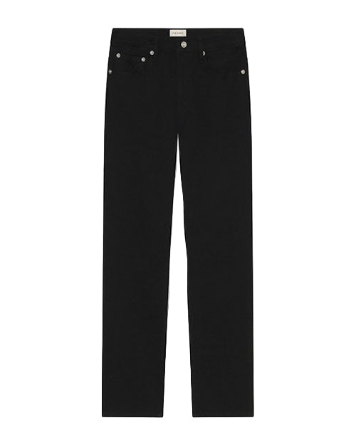 Pair of black straight-leg jeans featuring two front pockets, two back pockets, and a small coin pocket on the right side. Silver rivets accent the front pockets, and a button is visible at the waistband along with a small white label at the center."