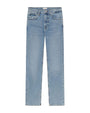 Pair of light blue denim jeans with a classic five-pocket design, including two front pockets, two back pockets, and a small coin pocket. Features include belt loops, a button closure at the waistband, and a zipper fly.