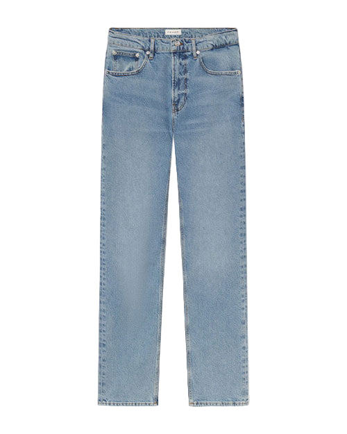 Pair of light blue denim jeans with a classic five-pocket design, including two front pockets, two back pockets, and a small coin pocket. Features include belt loops, a button closure at the waistband, and a zipper fly.