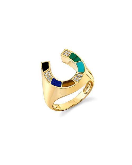 A modern, open-design ring made of gold. The ring features a unique horseshoe shape adorned with different color gemstones and pave diamonds in green, turquoise, brown, blue and black color as well pave diamonds.