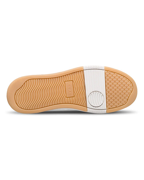 Close-up of a shoe sole with a white and brown design on a white background