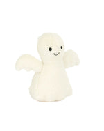 Small white plush angel toy with two wings, black button eyes, and a stitched smile.