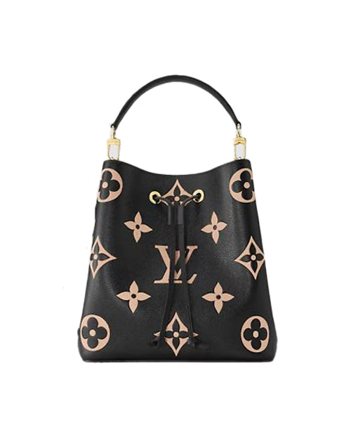 A black designer handbag with a distinctive pattern of beige-colored symbols and monograms, including stylized flowers and the letters ‘LV’ for Louis Vuitton. The bag has a curved top edge, two gold-tone metal rings attaching the handle to the body, and a prominent clasp in the shape of an inverted ‘V’ at the top center.