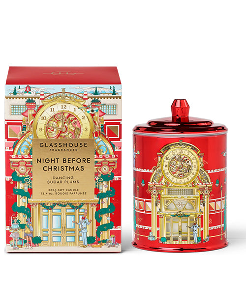 Glasshouse Fragrances 'Night Before Christmas' candle packaging with red and gold design on a white background.