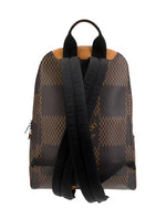 The backview of the backpack has a classic brown and beige color scheme, iconic LV monogram pattern, and checkered lower section. Backpack features a zipped front pocket, leather name tag, and black leather accents on the edges, handle, and straps.