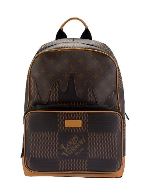 A backpack is pictured with the classic brown and beige color scheme with the iconic LV monogram pattern and checkered lower section. It features a zipped front pocket with a leather name tag embossed with ‘Louis Vuitton Paris.’ The main compartment also has a zipper, and there are black leather accents along the edges, handle, and straps of the backpack. The design suggests luxury and high fashion.