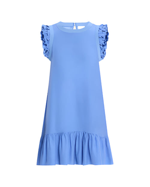 Blue dress with ruffled sleeves on a white background
