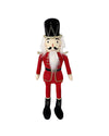 A traditional nutcracker doll with a black hat, white hair, mustache, and beard. It wears a red and gold uniform and black boots, standing.