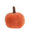 Orange plush pumpkin toy with a brown stem and a soft, fuzzy texture, without facial features or decorations.