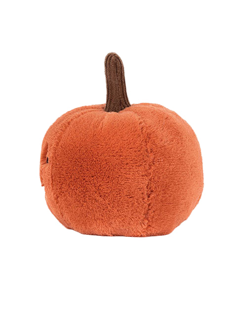 Orange plush pumpkin toy with a brown stem and a soft, fuzzy texture, without facial features or decorations.