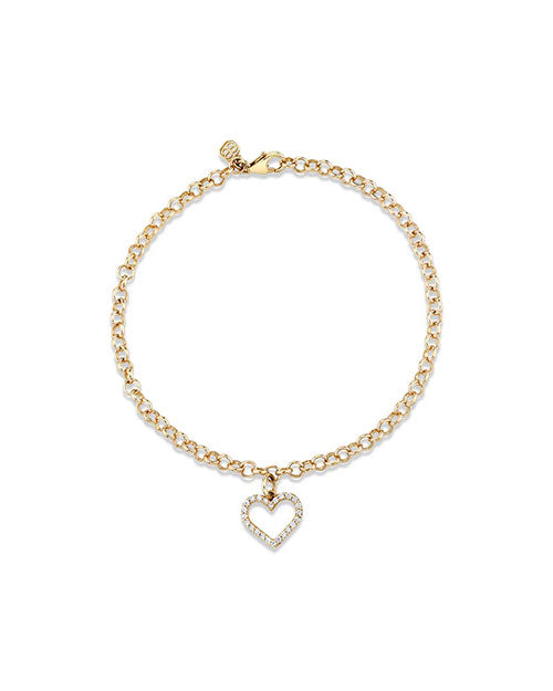 A delicate gold bracelet with a lobster clasp closure features a small heart-shaped pendant encrusted with sparkling  diamonds. 