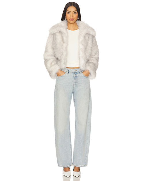 Front view of an outfit featuring a white crew-neck top paired with a light gray faux fur jacket and high-waisted light wash straight-leg jeans.