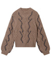 Brown knitted sweater with ribbed collar, cuffs, and hem, featuring vertical wavy lines and leaf-like patterns in darker thread along the front and sleeves.