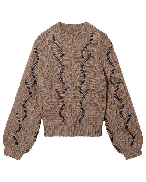Brown knitted sweater with ribbed collar, cuffs, and hem, featuring vertical wavy lines and leaf-like patterns in darker thread along the front and sleeves.