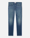 A pair of blue denim jeans with faded wash on the thighs and knees, with a slightly darker color around the waistband and hem. They feature a classic fitted design throughout.