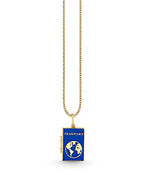 A pendant in the shape of a passport book dangles from a gold chain. The cover of the passport pendant is blue with “PASSPORT” written at the top and a gold-colored emblem resembling a globe in the center. The background is plain white, highlighting the jewelry’s details.