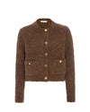 A brown, fuzzy-textured cardigan. The cardigan features a round neckline, a front button closure with five large, gold-toned buttons, and two front pockets also with gold-toned button details. The garment has a plush appearance and seems to be made of a thick, soft fabric.