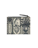A back view of a black and white rectangular pouch. The design features mix of patterns of a monkey, plant, and geometric shapes. The pouch has a black zipper closure on the top.