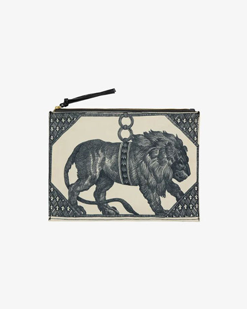 A rectangular pouch featuring a a shaded lion, surrounded by an ornate border with geometric patterns. The pouch has a neutral background color and a black zipper closure at the top.