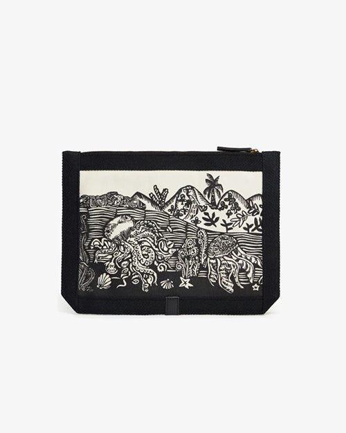 A back view of a small pouch with a black and white design. The design features a landscape scene. The zipper is along the top edge with black and gold accents.