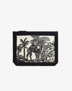 A small pouch with black and white design. The artwork features palm trees and a jungle-like appearance with a camel in the middle. The pouch has a zipper along the top edge with black and gold accents.