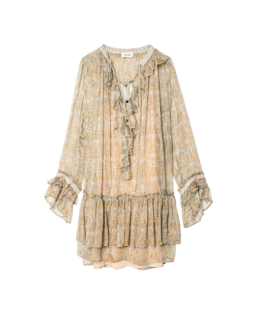 Long-sleeved, knee-length dress with a floral pattern and ruffled details along the neckline, front, and sleeve cuffs. The fabric appears lightweight and flowy.
