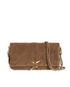 A brown suede handbag with a gold chain strap, featuring an embossed pattern and a gold bird-shaped clasp on the front