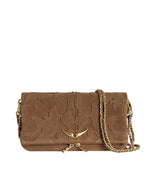 A brown suede handbag with a gold chain strap, featuring an embossed pattern and a gold bird-shaped clasp on the front