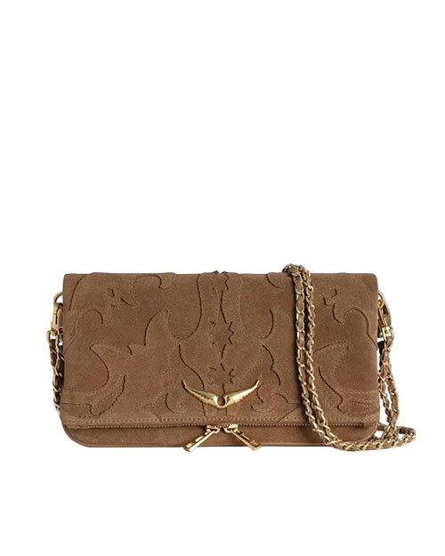A brown suede handbag with a gold chain strap, featuring an embossed pattern and a gold bird-shaped clasp on the front
