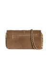 A brown suede handbag with a gold chain strap, featuring a zippered pocket on the front with a gold zipper pull. The chain strap is draped over the top of the bag.