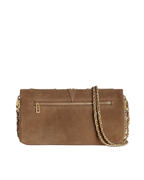 A brown suede handbag with a gold chain strap, featuring a zippered pocket on the front with a gold zipper pull. The chain strap is draped over the top of the bag.