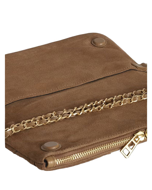 A brown suede clutch bag with a gold chain strap, a gold zipper, and two snap buttons for closure.