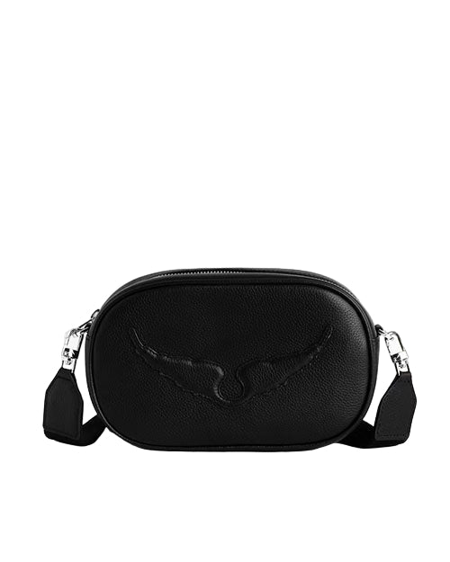 A black leather crossbody bag with a top zipper closure, featuring an embossed wing design on the front and two metal clasps attaching to a black strap.