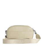 A beige leather crossbody bag with a detachable strap embossed with the text 'ZADIG & VOLTAIRE'. The bag has a simple, rounded rectangular shape with a minimalistic design.