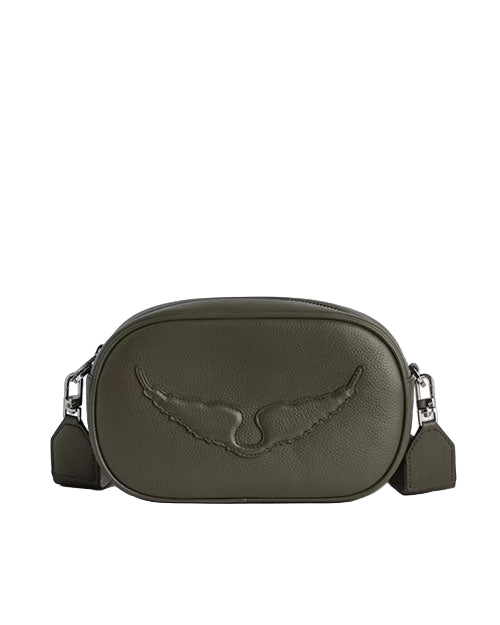 A small, oval-shaped, olive green leather bag with a zipper closure, featuring an embossed wing-like design on the front and metal hardware attachments for a strap.