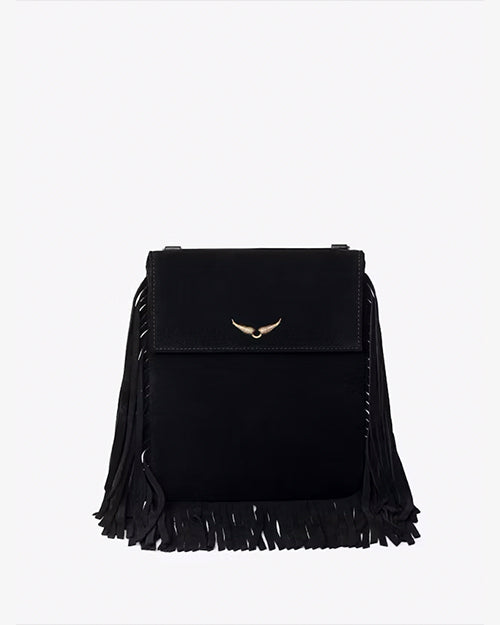 A close-up view of a black handbag with tassels at the bottom and sides, and a gold wing design adorned at the top center.