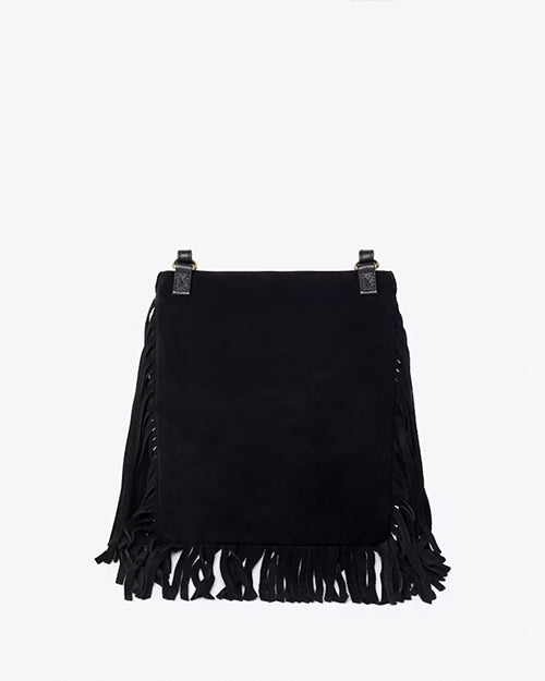 A full backside view of a black handbag with tassels at the bottom, sitting in front of a white background.
