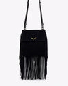 A close-up view of a black handbag with one long strap and gold hardware, including tassels at the ends, and a gold wing design adorned at the top center.