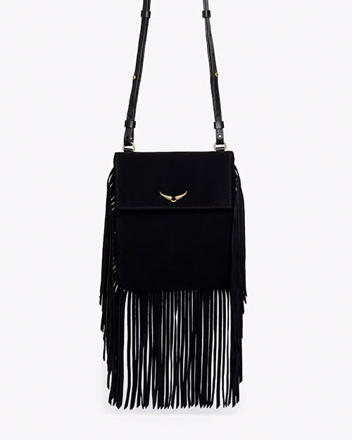 A close-up view of a black handbag with one long strap and gold hardware, including tassels at the ends, and a gold wing design adorned at the top center.