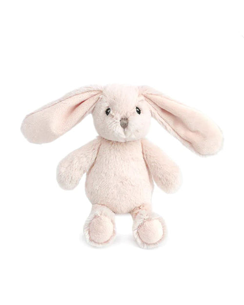 A plush toy rabbit with long, floppy ears and a round body. The rabbit is a pale pink color and has black bead eyes and a small stitched nose.