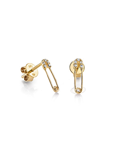 A pair of safety pin earrings adorned with diamonds. Earrings have a traditional back closure.