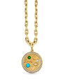 A gold necklace featuring a circular pendant with the word ‘love’ embossed in the center, surrounded by small gemstones and diamonds. The chain is made of thick, interlocking gold links.