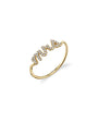 A gold ring with 'mrs' script embellished with pave diamonds on a white background.