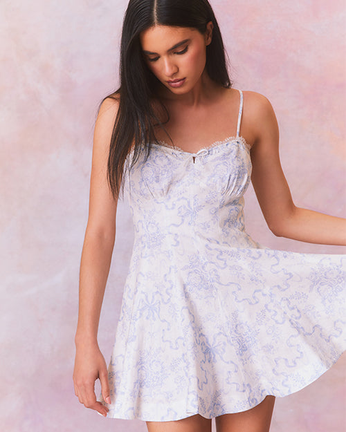 LOVE SHACK FANCY | Linen Bow Print Mini Dress | Blissful Blue