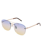 Aviator-style sunglasses with a thin gold frame and clear violet lenses. The temples have tortoise shell color tips. 